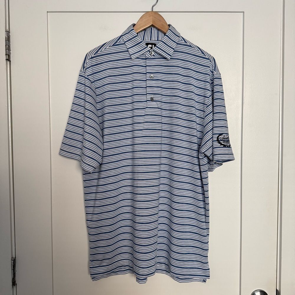 FootJoy Polo Shirt Mens Sz L Blue Stripe Seven Oaks Country Club Golf Stretch
